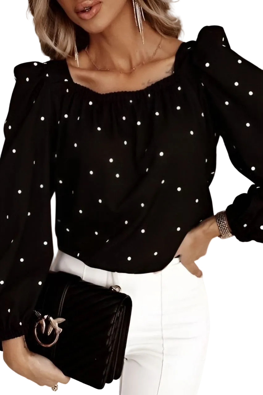 Black Puff Sleeve Blouse with Back Bow Soft Fabric