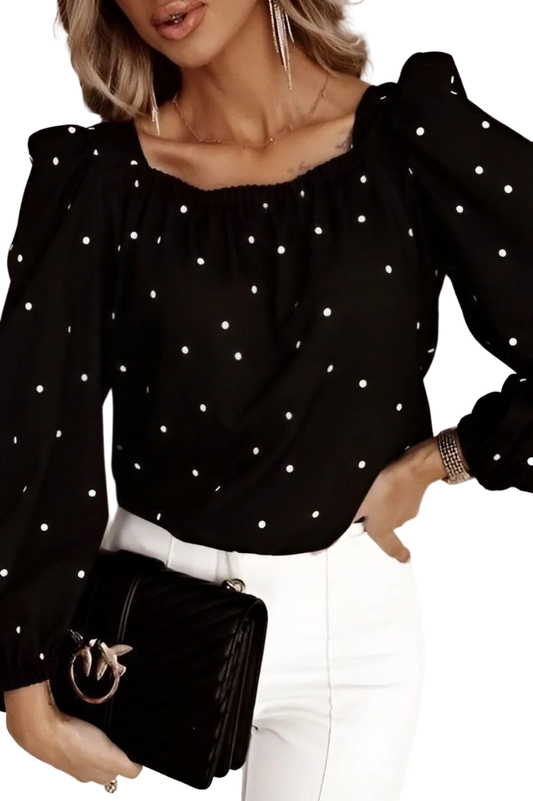 Black Puff Sleeve Blouse with Back Bow Soft Fabric