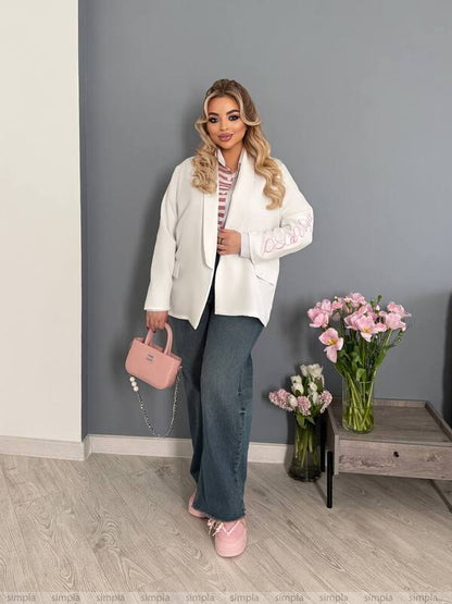 Extended White Blazer with Embroidered Sleeve