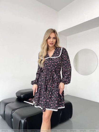 Black Floral Print Dress with Elastic Waist and Belt Included