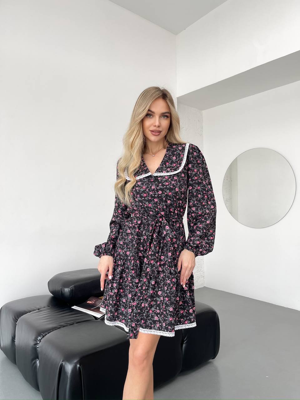 Black Floral Print Dress with Elastic Waist and Belt Included