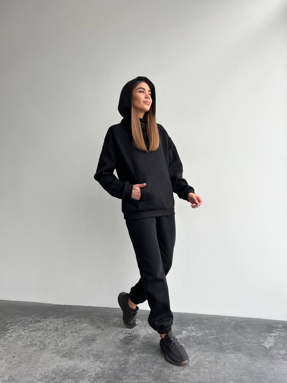 Black Fleece Lined Tracksuit for Women Hoodie and Joggers Set