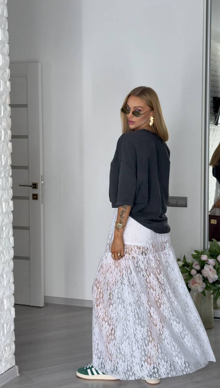 White Lace Maxi Skirt Women Sheer Boho Layered Long Skirt