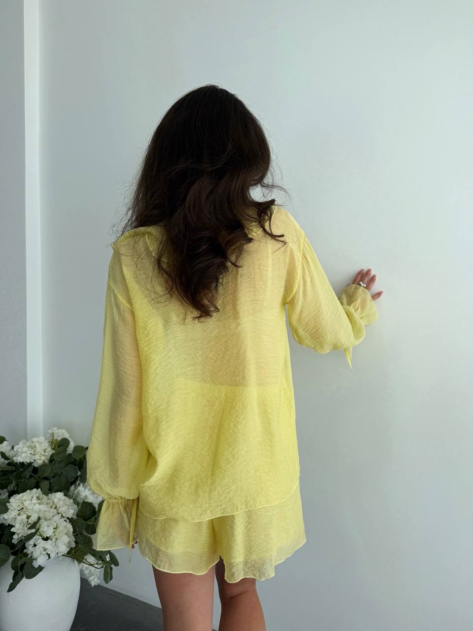 Yellow Tencel Ruffle Tie Blouse And Elastic Waist Shorts Set