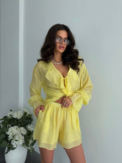 Yellow Tencel Ruffle Tie Blouse And Elastic Waist Shorts Set