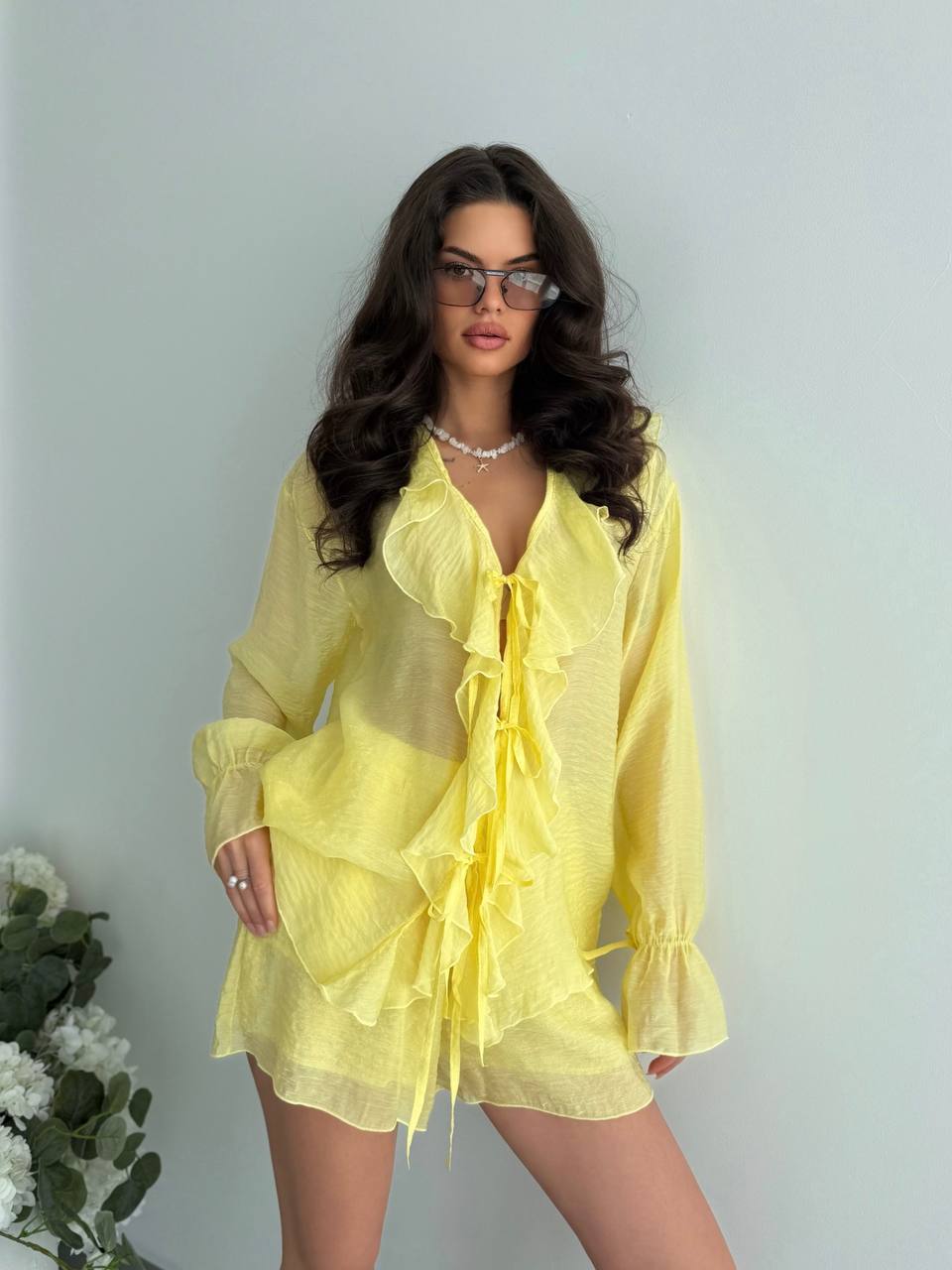 Yellow Tencel Ruffle Tie Blouse And Elastic Waist Shorts Set