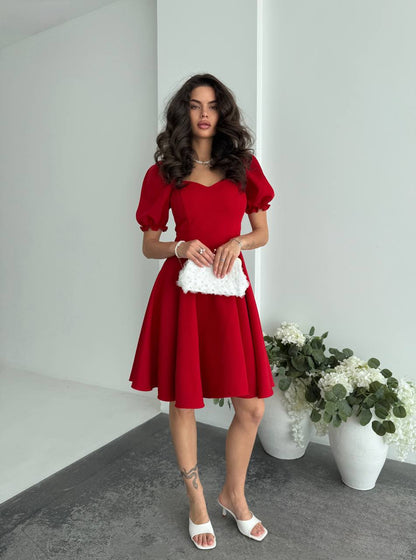 Red Puff Sleeve Fit and Flare A Line Dress Elegant Cocktail Dress