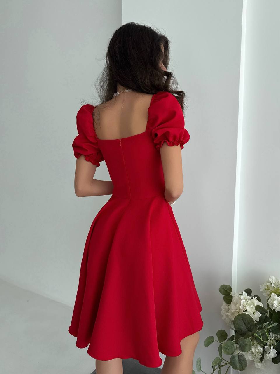 Red Puff Sleeve Fit and Flare A Line Dress Elegant Cocktail Dress