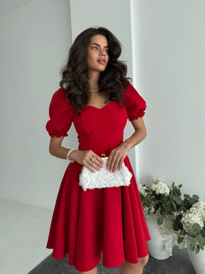 Red Puff Sleeve Fit and Flare A Line Dress Elegant Cocktail Dress