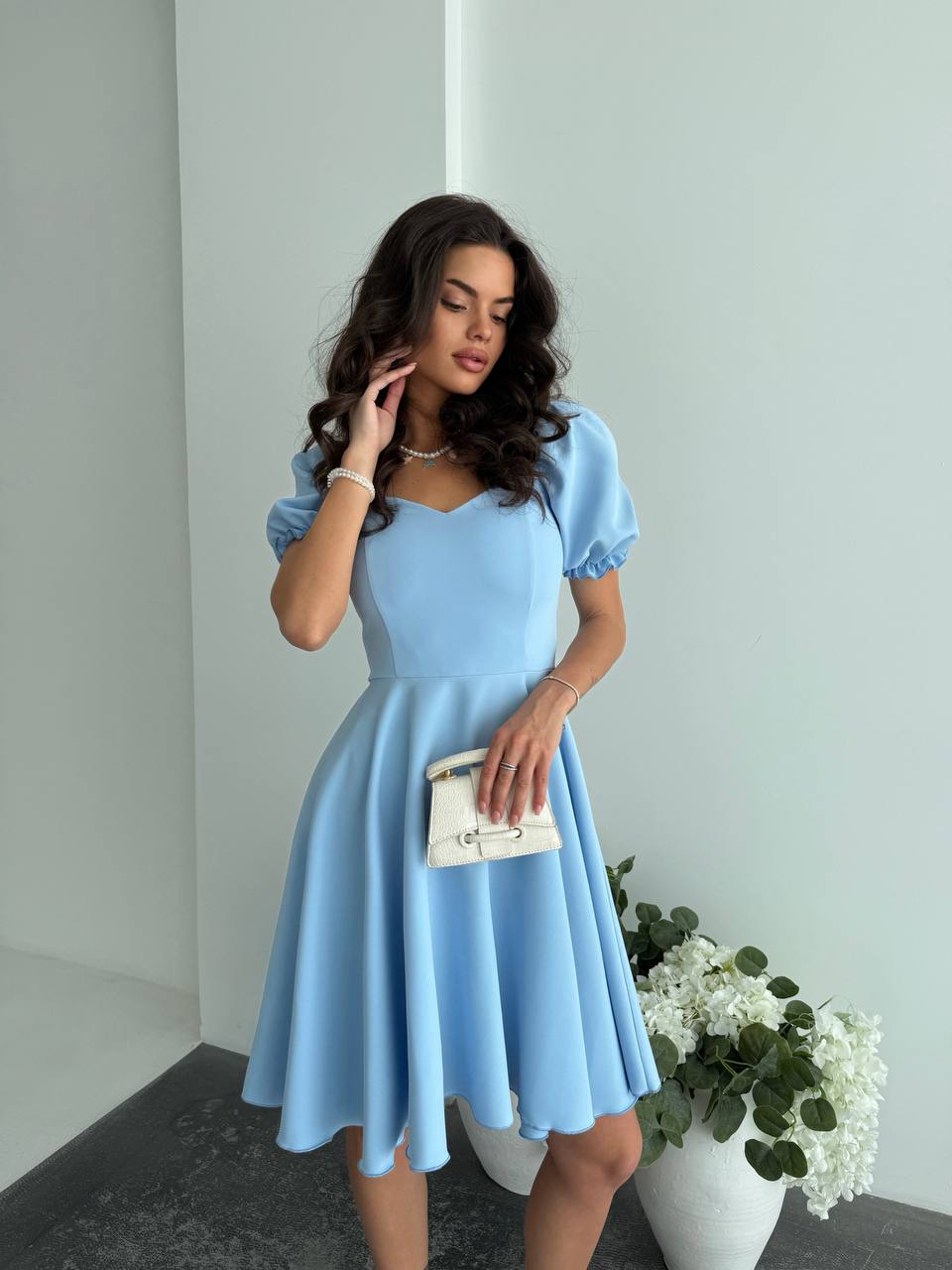 Light Blue Puff Sleeve Fit and Flare Dress Womens Elegant Summer Party Dress