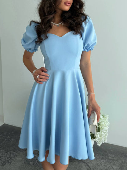Light Blue Puff Sleeve Fit and Flare Dress Womens Elegant Summer Party Dress