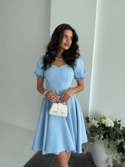 Light Blue Puff Sleeve Fit and Flare Dress Womens Elegant Summer Party Dress