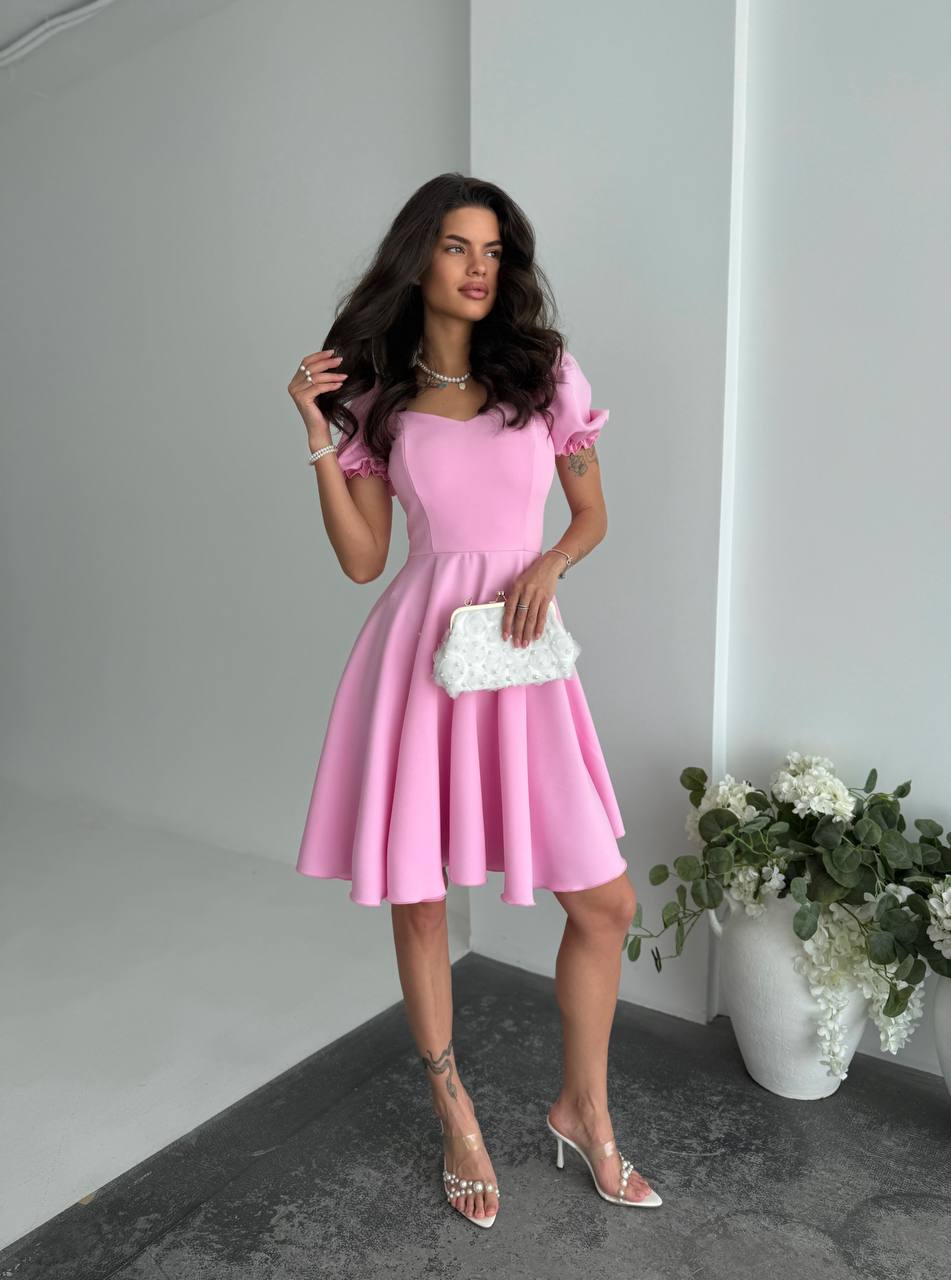 Pink Fit and Flare Dress Women Puff Sleeve Sweetheart Neckline Summer Party Dress