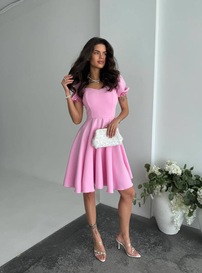 Pink Fit and Flare Dress Women Puff Sleeve Sweetheart Neckline Summer Party Dress