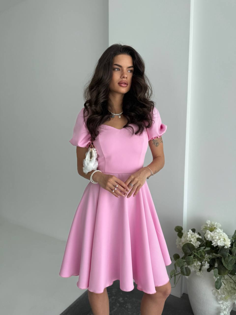 Pink Fit and Flare Dress Women Puff Sleeve Sweetheart Neckline Summer Party Dress
