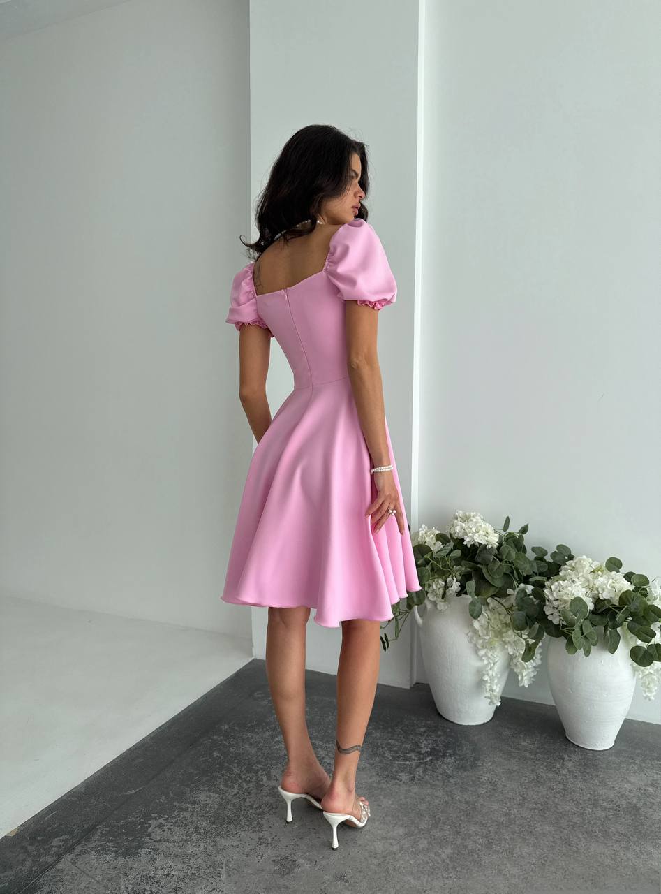 Pink Fit and Flare Dress Women Puff Sleeve Sweetheart Neckline Summer Party Dress