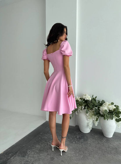 Pink Fit and Flare Dress Women Puff Sleeve Sweetheart Neckline Summer Party Dress