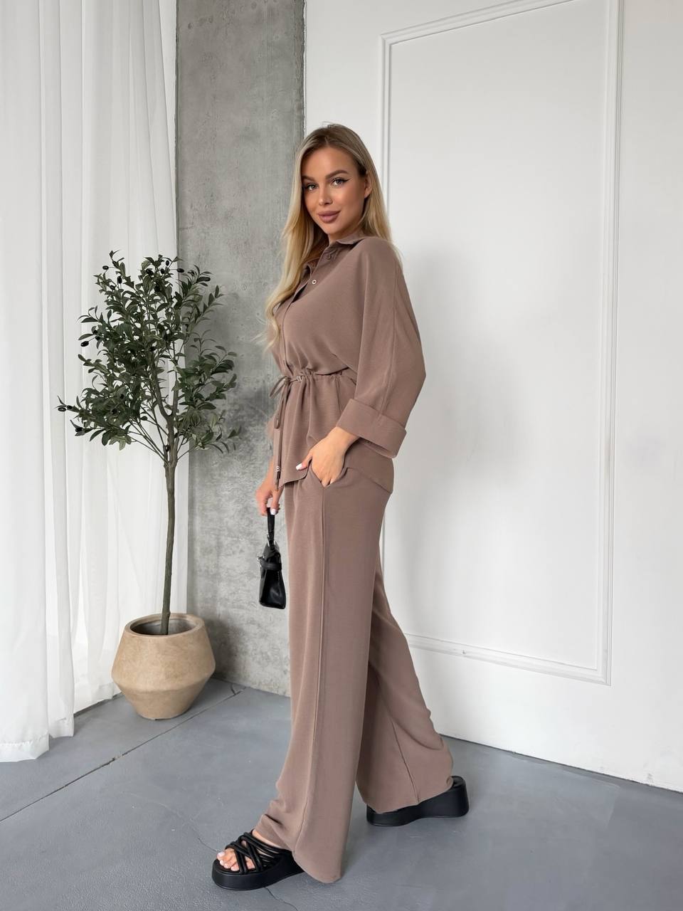 Women Taupe Two Piece Set Shirt and Wide Leg Pants Krep Zhatka