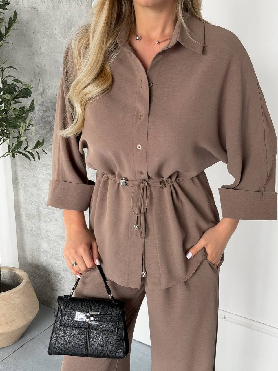 Women Taupe Two Piece Set Shirt and Wide Leg Pants Krep Zhatka