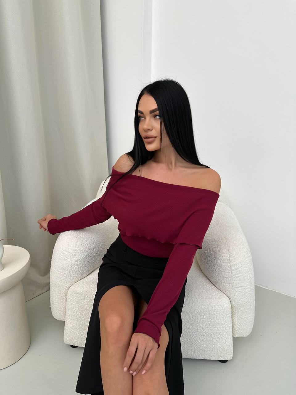 Off-Shoulder Burgundy Ribbed Knit Blouse for Women