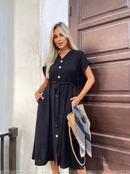 Lightweight Black Button-Front Dress with Waist Tie