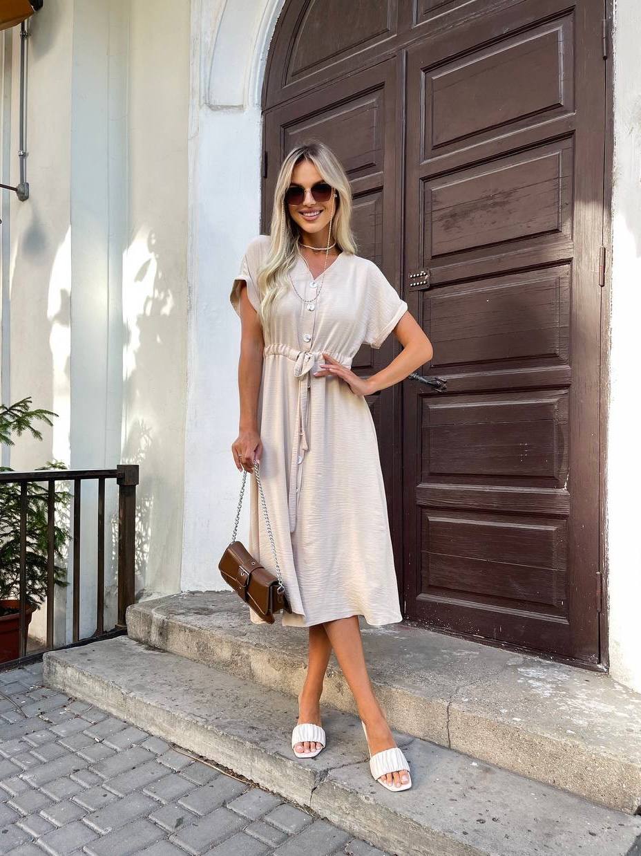 Light Beige Midi Dress with Drawstring Waist
