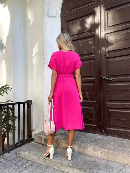 Light Pink Button-Front Midi Dress with Drawstring Waist