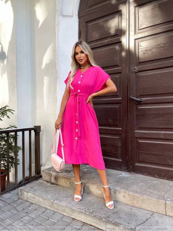 Light Pink Button-Front Midi Dress with Drawstring Waist