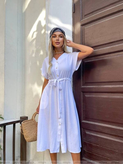 Lightweight White Midi Dress with Drawstring Waist