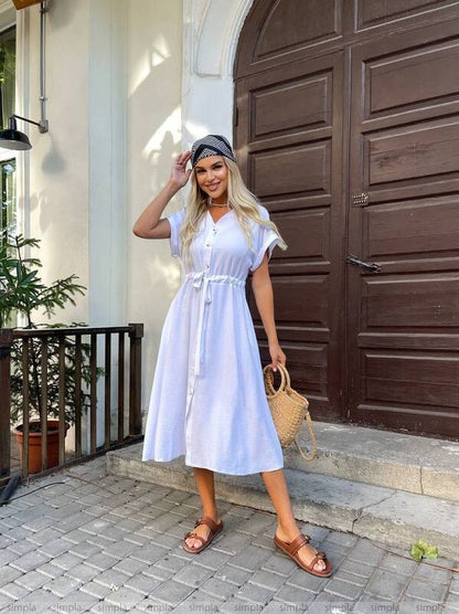 Lightweight White Midi Dress with Drawstring Waist