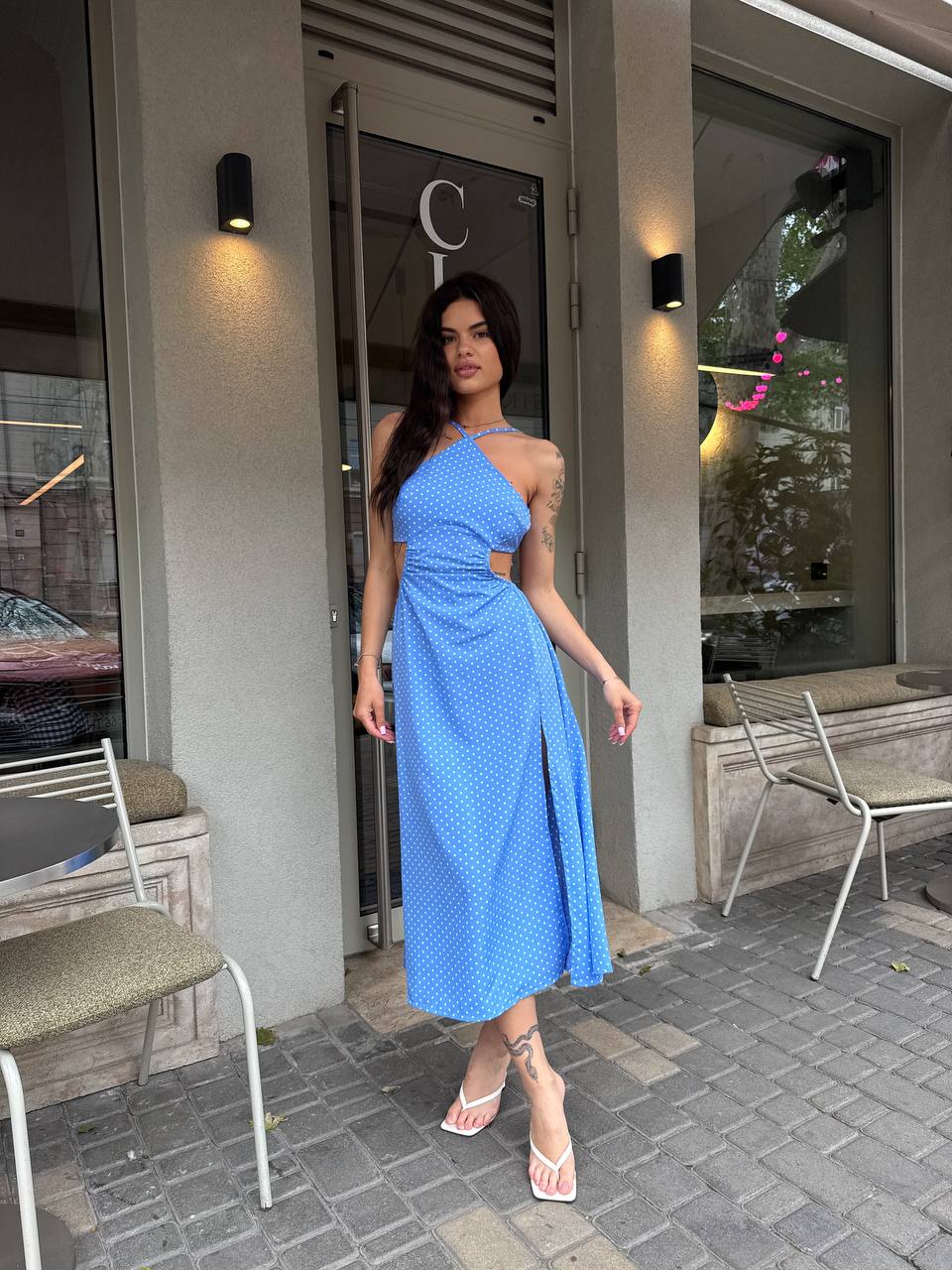 Blue Polka Dot Halter Midi Dress Side Cutout Leg Slit Figure Flattering