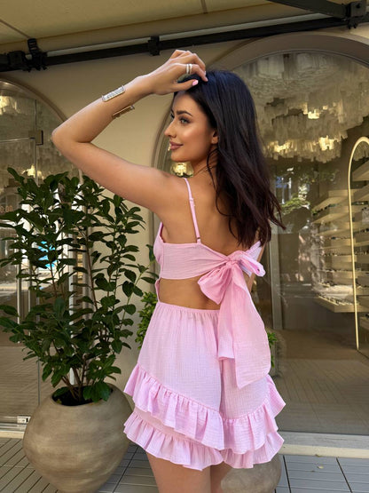 Womens Pink Muslin Jumpsuit Spaghetti Strap Ruffle Romper Summer Playsuit