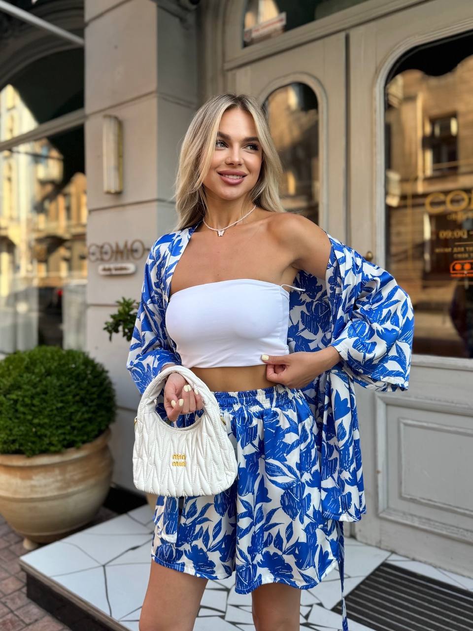 Silk Two Piece Suit for Women Blue White Floral Kimono Top and Shorts