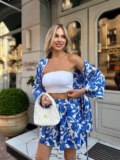Silk Two Piece Suit for Women Blue White Floral Kimono Top and Shorts