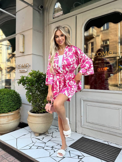Pink Floral Silk Two Piece Suit Women Kimono Top and Shorts Summer Set