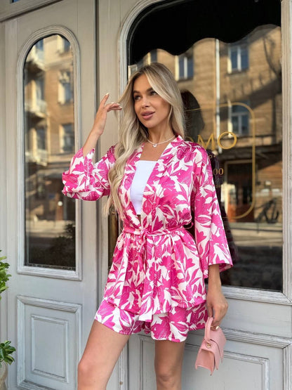 Pink Floral Silk Two Piece Suit Women Kimono Top and Shorts Summer Set