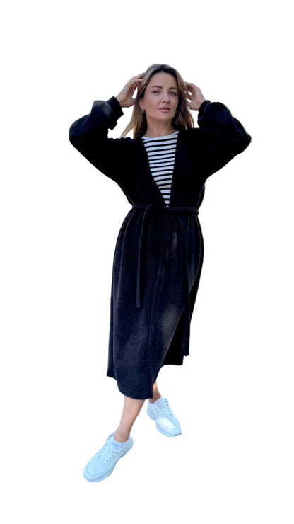 Long Black Angora Fuzzy Cardigan Belted Drop Shoulder