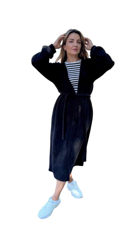 Long Black Angora Fuzzy Cardigan Belted Drop Shoulder
