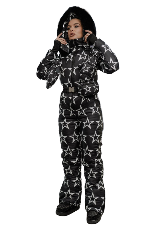 Womens Black Star Print Winter Overall Water Repellent Insulated Ski Suit