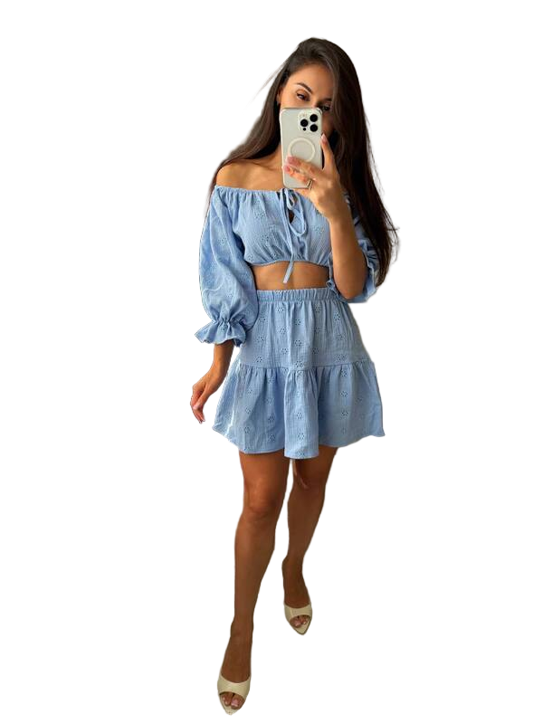 Blue Cotton Two-Piece Set Off-Shoulder Top and Skirt