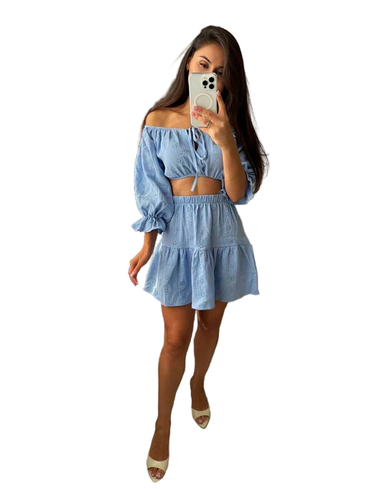 Blue Cotton Two-Piece Set Off-Shoulder Top and Skirt