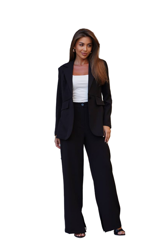 Black Womens Tailored Pantsuit Unlined Blazer High Waist Trousers