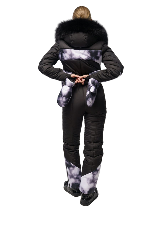 Womens Winter Jumpsuit Black with Mist Print Inserts Water Repellent Insulated Ski Suit