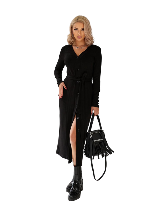 Black Knit Midi Dress Button Front Belted Long Sleeve Elegant Fitted Dress