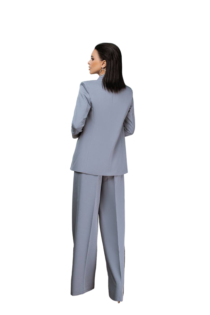 Gray Palazzo Suit Women Diagonal Crepe Tailored Blazer and Wide Leg Trousers