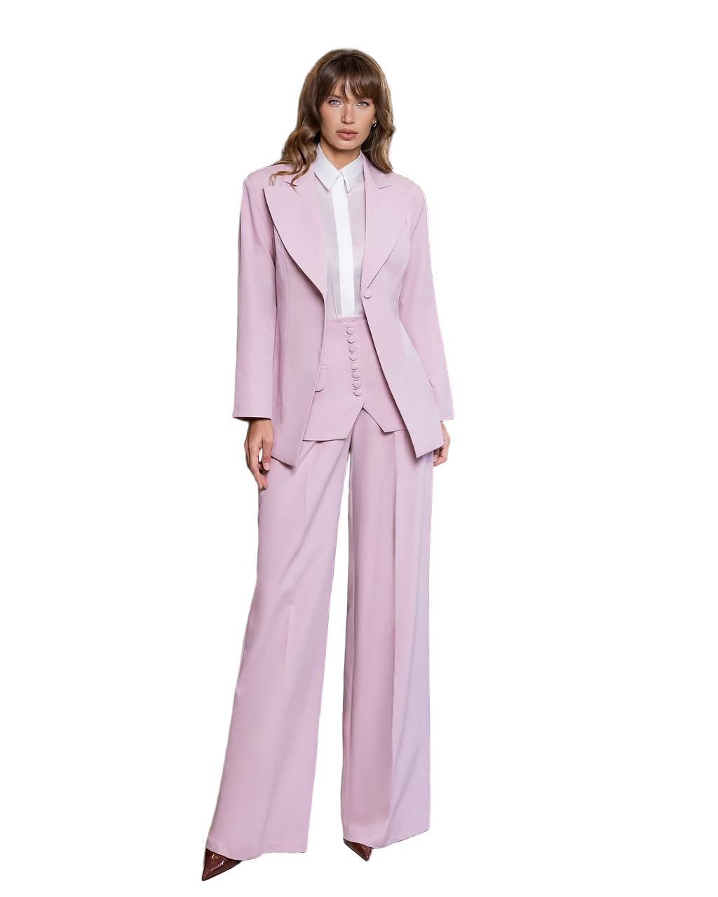 Womens Blush Pink Diagonal Crepe Suit Blazer Pants Basque Premium Lined