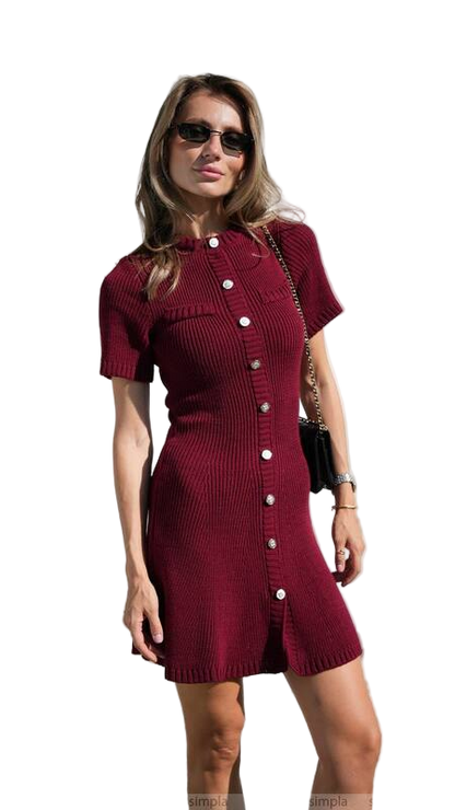 Short Burgundy Knitted Dress with Button Accent