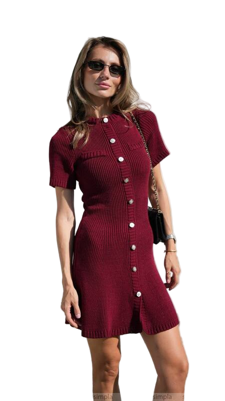 Short Burgundy Knitted Dress with Button Accent