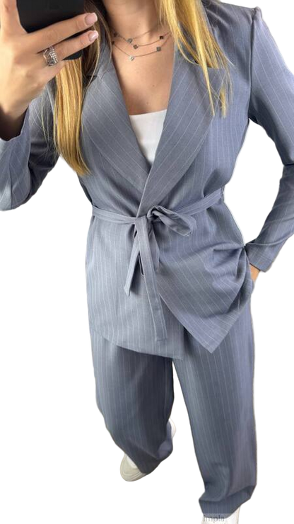Womens Gray Pinstripe Cotton Suit Loose Fit Jacket and Pants