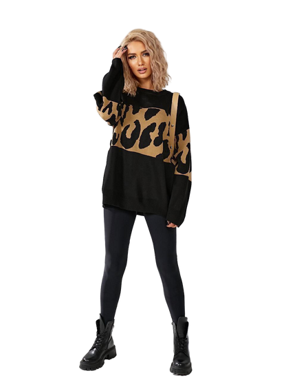 Oversized Longline Knit Sweater Black Tan Leopard Print Pullover